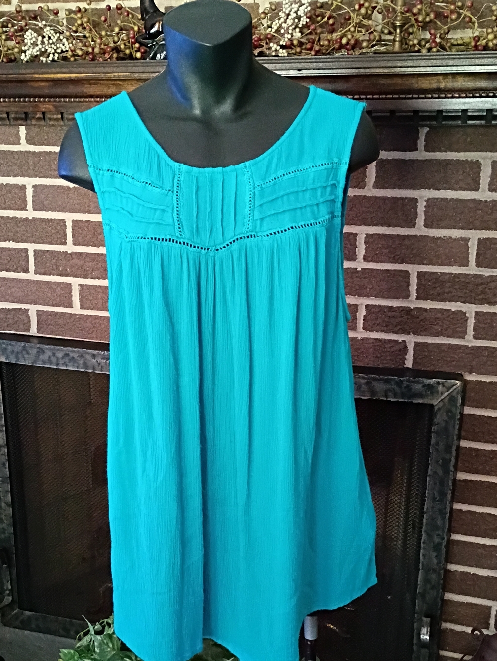 Sleeveless Teal Pleated Yoke Women's Top